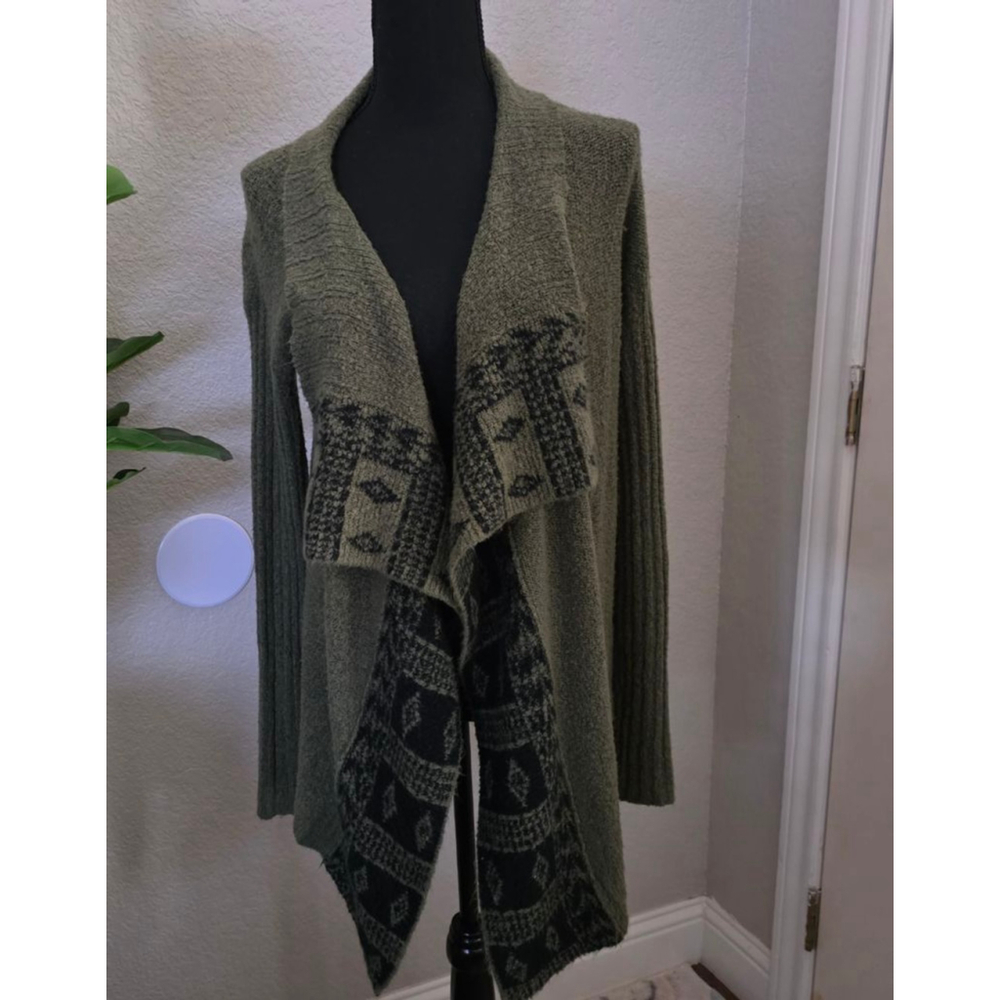 Boho Women's Mudd Olive Green & Black Patterned Open Front Cardigan M Y2K